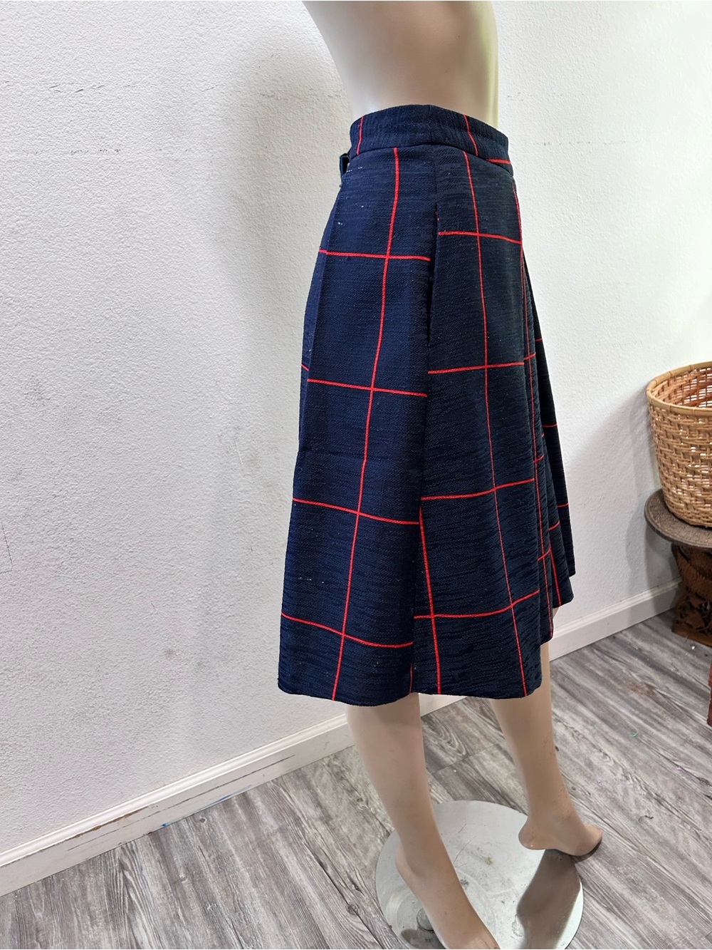 Leonard St. Navy Midi Skirt with Red Windowpane Check